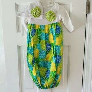 handmade Bright Green, Blue & Yellow Floral Baby Gown w Matching Hat